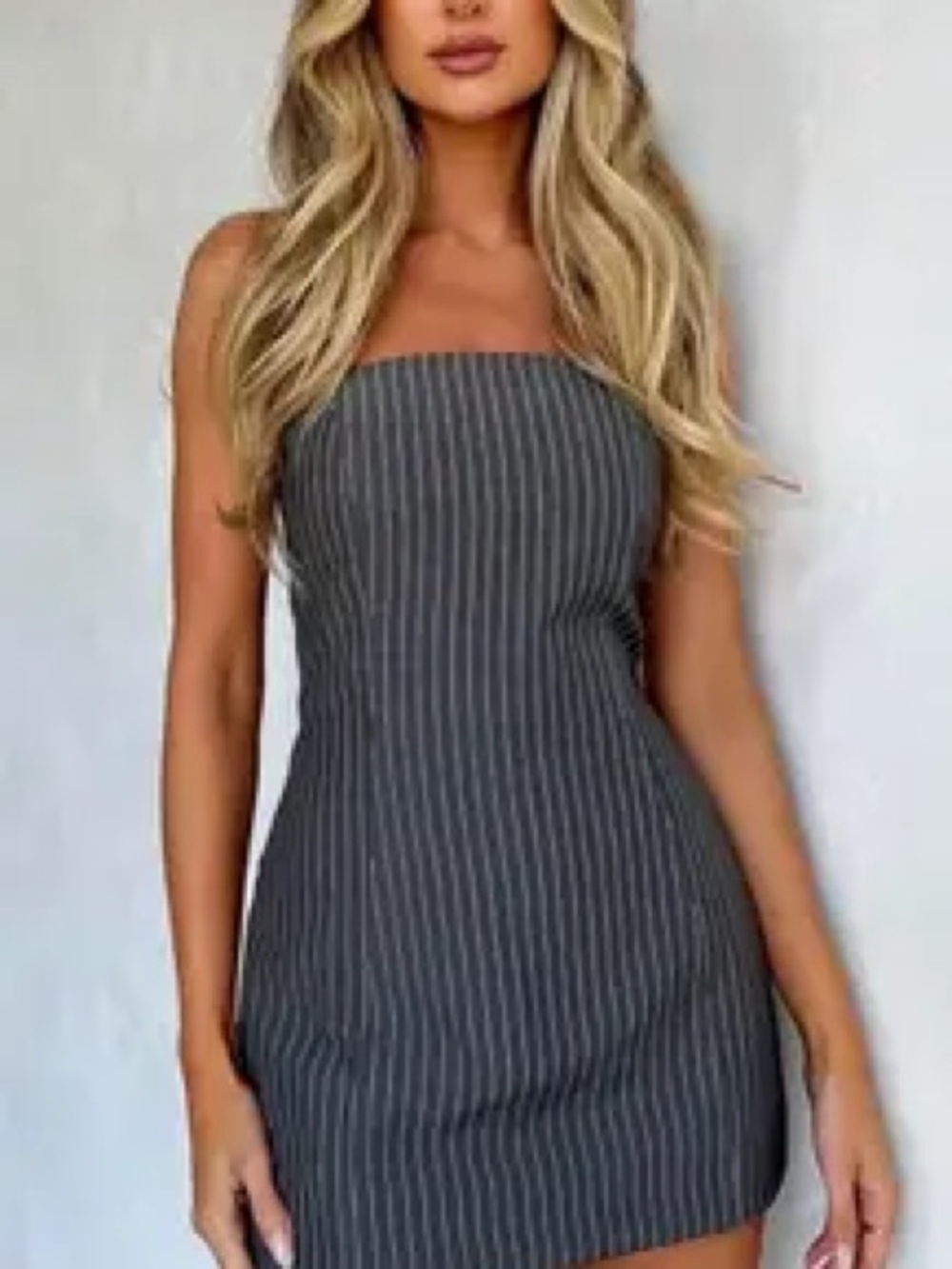 Tiger Mist Gray Pinstripe Strapless Bodycon Mini Dress